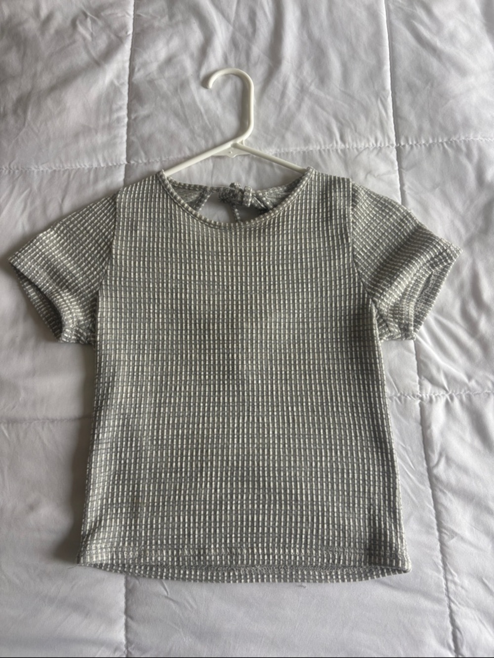 Textured Short Sleeve Knit Crop Top - Light Gray & White